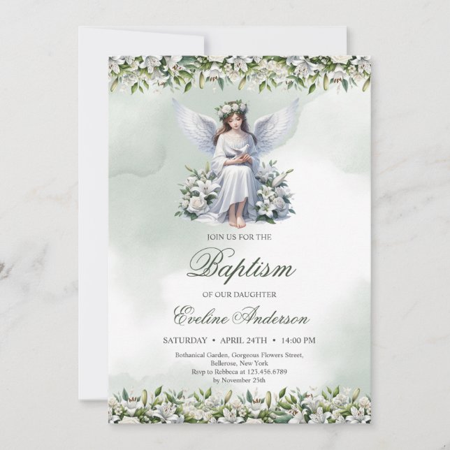 Vackrik ängel med vita lilies Baptism Inbjudningar (Framsida)