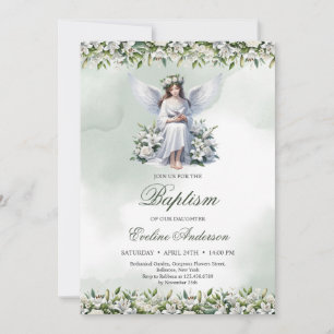 Vackrik ängel med vita lilies Baptism Inbjudningar