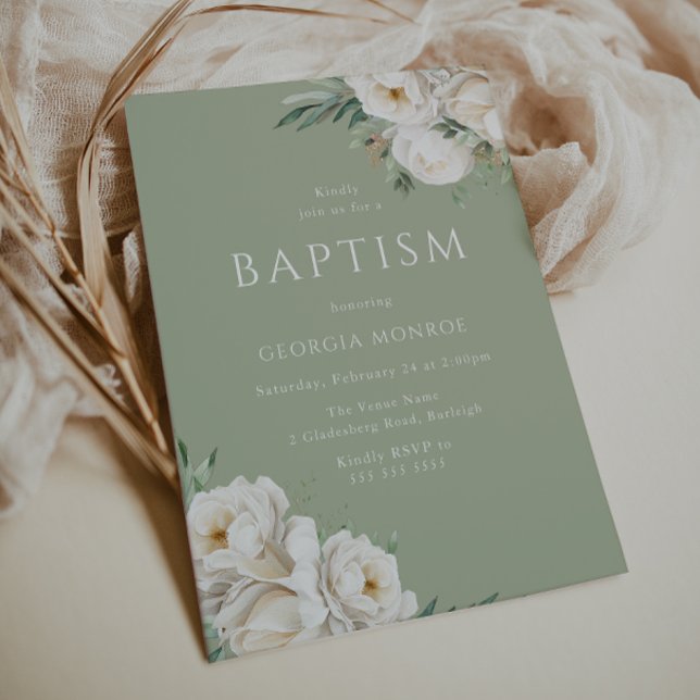 Vackrik Grönt och vit Blommigt Baptism Inbjudningar (Skapare uppladdad)