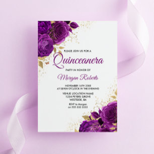 Vackrik Lila Ro Guld Löv Quinceanera Inbjudningar