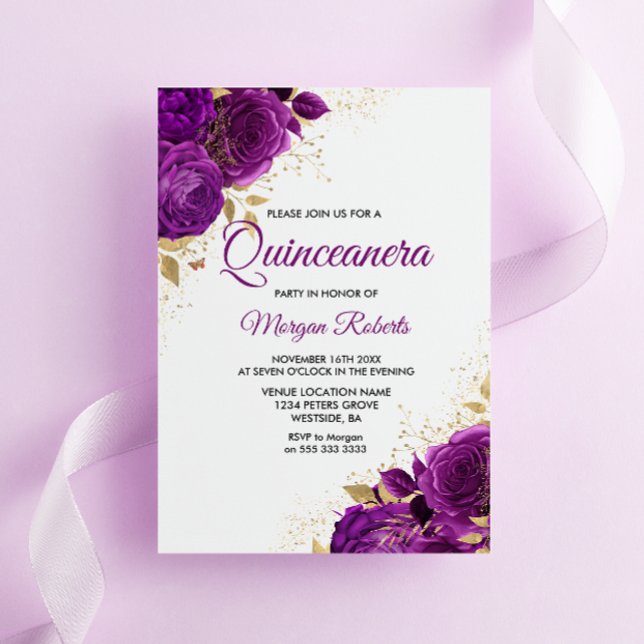 Vackrik Lila Ro Guld Löv Quinceanera Inbjudningar (Skapare uppladdad)