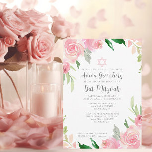 Vackrik Rosa Blommigt Bat mitzvah Party Inbjudningar