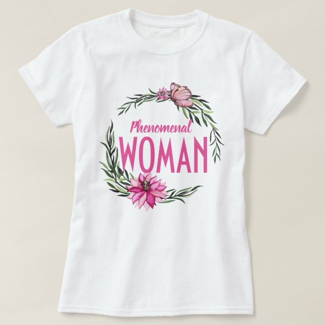 Vackrik Rosa Blommigt Utandningsfenomenal kvinna T Shirt (Design framsida)