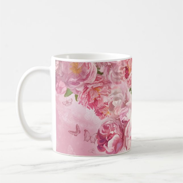 Vackrik rosa blommor trädgård kaffemugg (Vänster)