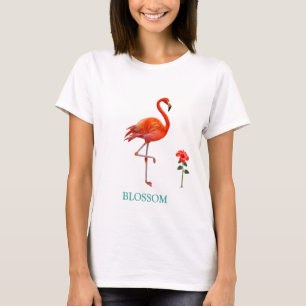 Vackrik Rosa Flamingo Bird & Red Hibiscus Flower T Shirt