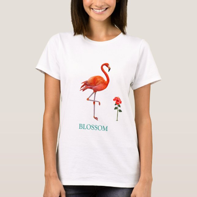 Vackrik Rosa Flamingo Bird & Red Hibiscus Flower T Shirt (Framsida)