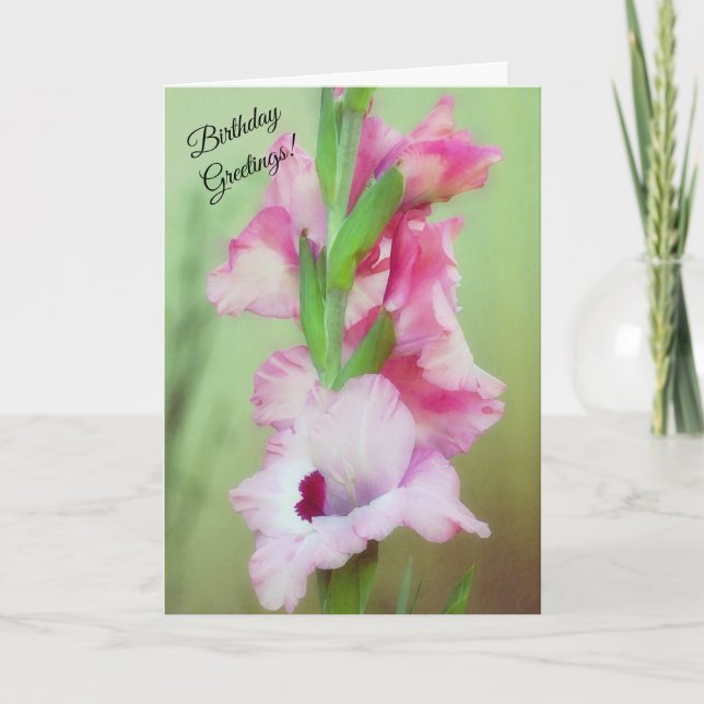 Vackrik Rosa Flowers Blommigt Gladiolus Birthday Kort (Framsida)