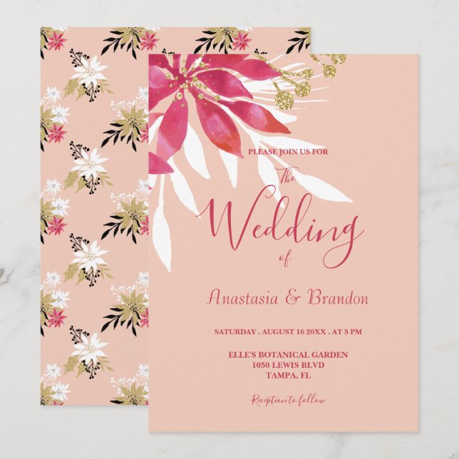 Vackrik Rosa och vit Blommigt Bröllop Inbjudningar (Fram/baksida)