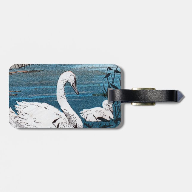 Vackrik vit Svan Mor simming med baby Bagagebricka (Baksida Vågrät)