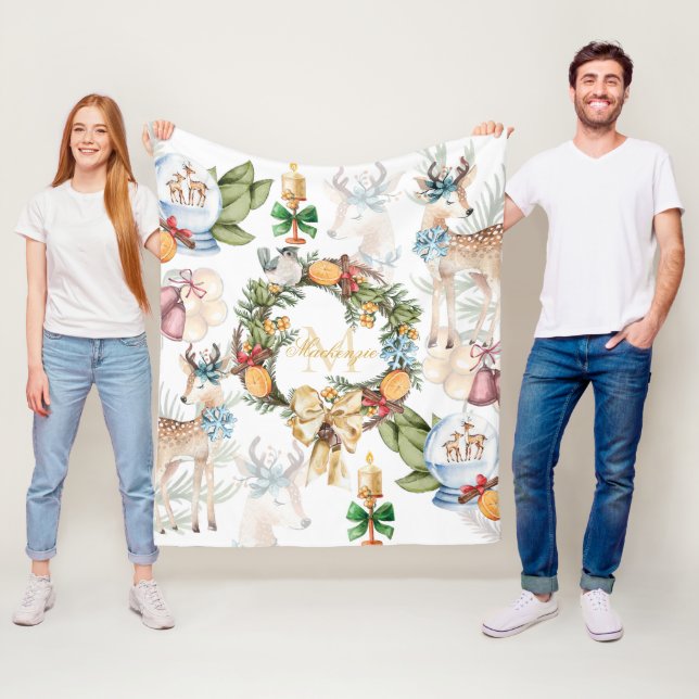 Vackrik Watercolor Hjort jul Monogramme Fleecefilt (På plats)