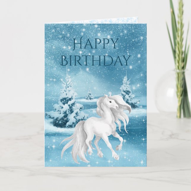 Vackrik White Horse Snowy Winter Nattdag Kort (Framsida)