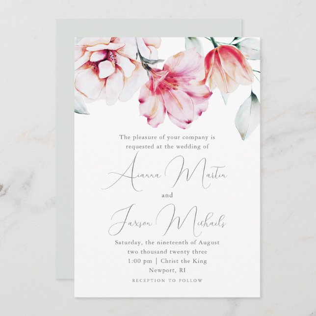 Vacksam Blommigt Bröllop Grönt Inbjudningar (Fram/baksida)