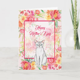 Vackvit katt med vattenfärgsblommor kort