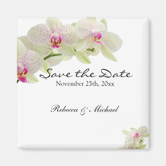 Vackvit och Shock rosa Orchids Spara datum Magnet (Framsidan)