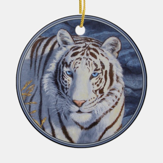 Vackvit tiger med Crystal Blue Öga Julgransprydnad Keramik (Framsidan)