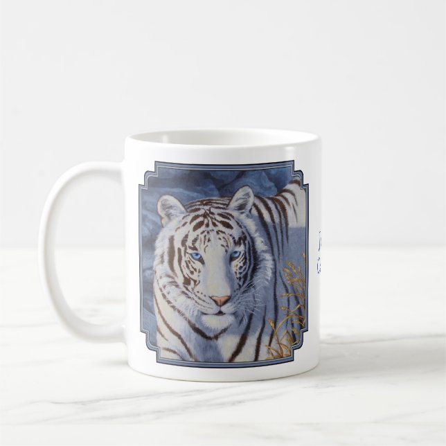 Vackvit tiger med Crystal Blue Öga Kaffemugg (Vänster)