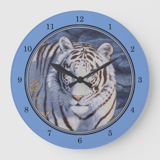 Vackvit tiger med Crystal Blue Öga Stor Klocka (Framsida)