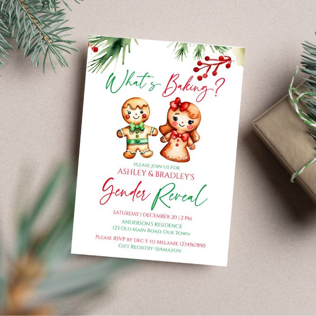 Vad är det för gender för bakverk? inbjudningar (What's baking gingerbread Christmas gender reveal editable template Invitation digital download)