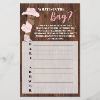 Vad är det i Bag AA Cowgirl Baby Shower Game Card? Flygblad