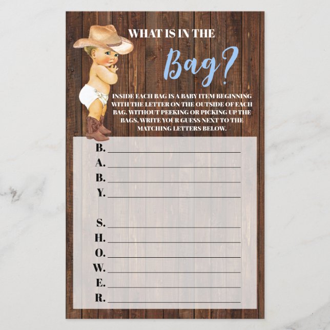 Vad är det i Bag Cowboy Baby Shower Game Card? Flygblad (Framsidan)
