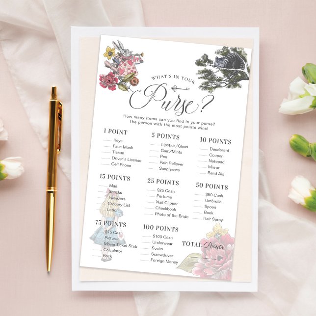 Vad är det i ditt Purse Alice Wonderland Shower Ga (What's in Your Purse Alice Wonderland Shower Game)