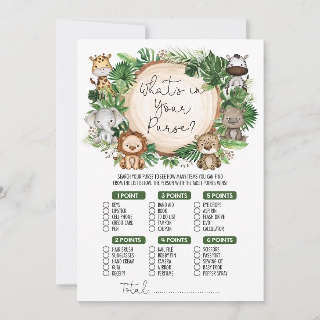 Vad är det i ditt Purse Jungle Baby Shower-spelkor Inbjudningar (Framsida)