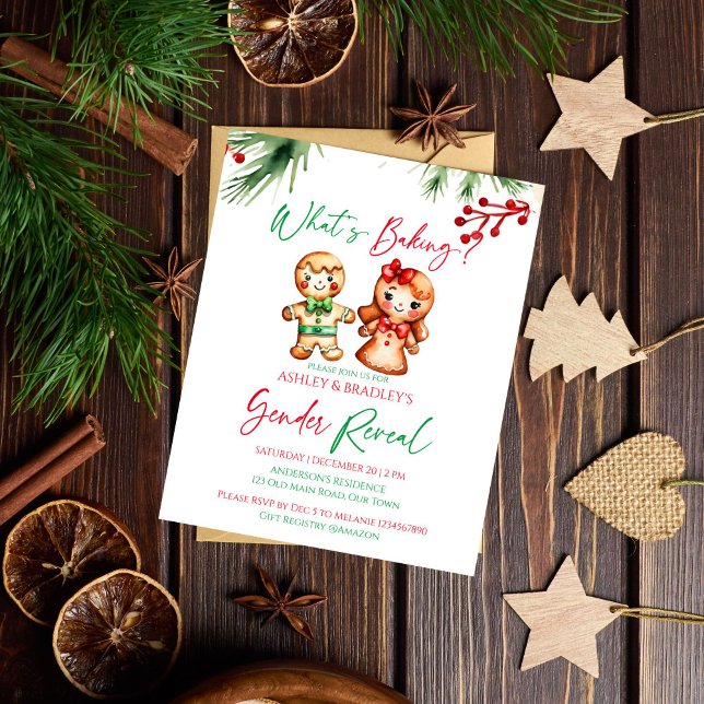 Vad är det som bakar julens gender? (What's baking Christmas gender reveal budget invitation gingerbread cookies boy or girl winter party)