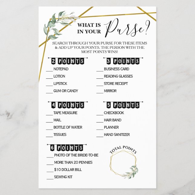 Vad är det som finns i ditt Purse Greenery Shower- Flygblad (Framsidan)