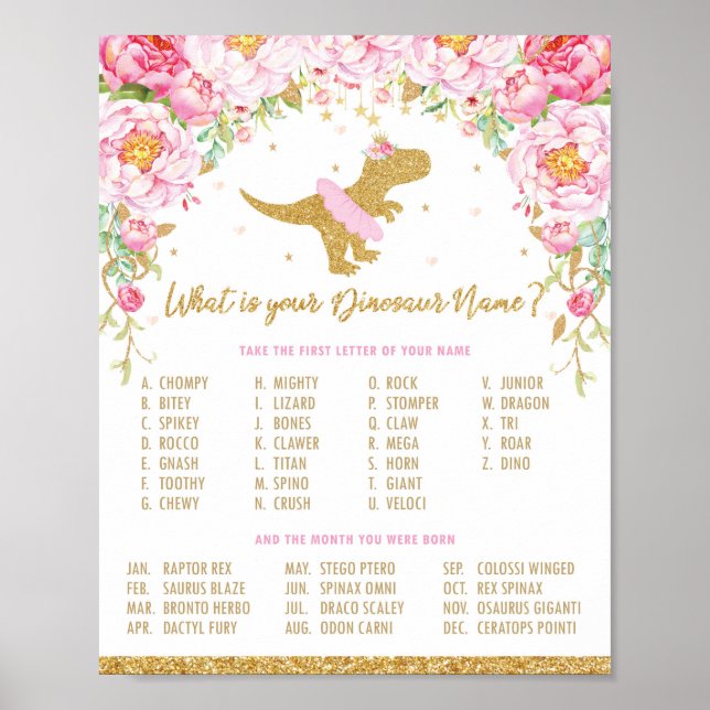 Vad är ditt spel för Dinosaur Namn Födelsedagsfest Poster (Framsidan)