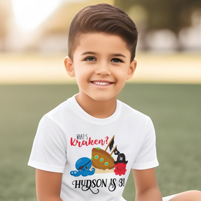 "Vad är Kraken" Bläckfisk Pirat Barnkalas T Shirt ("What's Kracken?" Children's birthday party shirt. Features a pirate octopus ocean theme)