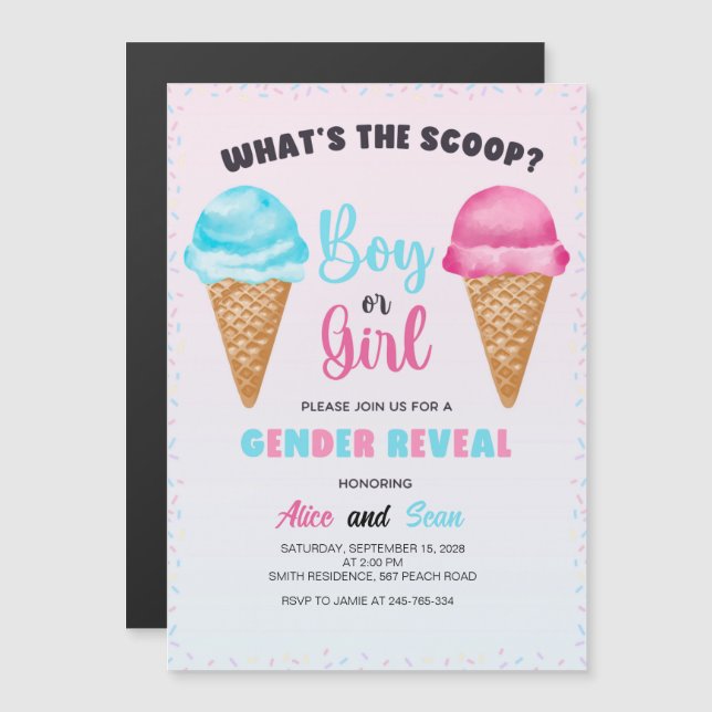 Vad är Scoop Firande-Sweet Gender Reveal? Magnetisk Inbjudningskort (Fram/baksida)