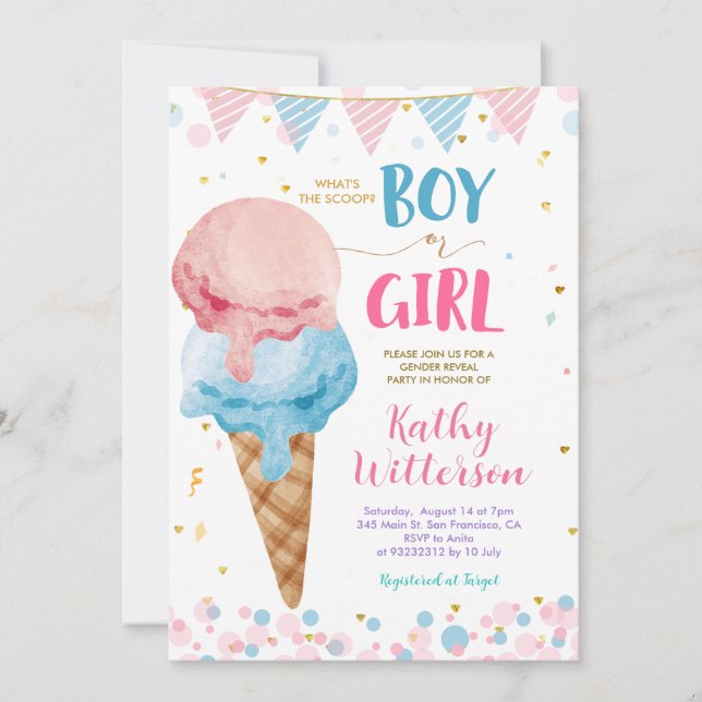 Vad är Scoop Ice Cream Gender Reveal? Inbjudningar (Framsida)