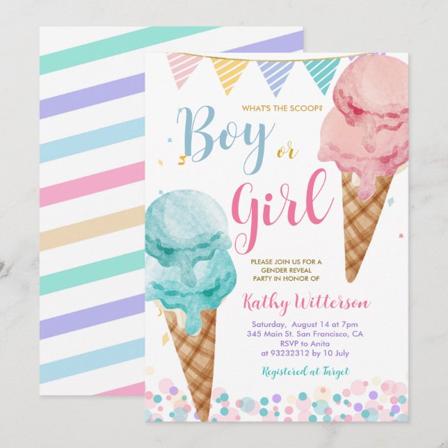 Vad är Scoop Ice Cream Gender Reveal? Inbjudningar (Fram/baksida)