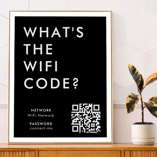 Vad är WiFi-koden? | Svart nätverkslösenord QR Poster (What's the WiFi Code? poster print with QR code to connect seamlessly to your Wi-Fi)