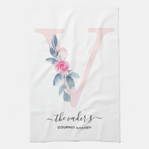 VAD BLUE VITE BLOMMIGT ALFABETER BREV V KÖKSHANDDUK