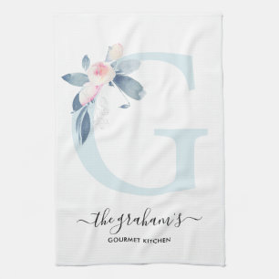 VAD BLUE VITE BLOMMIGT ALFABETS BREV G KÖKSHANDDUK