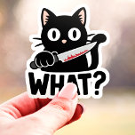 Vad då? Black Cat med Knivar Funny Vinyl Klistermärken<br><div class="desc">Den här kattklistermärket är perfekt för alla som kärlek lite mörk humor! Med en söt svart katt som håller en blodig knivar och den enkla men effektiva frågan "Vad?", är den här designen ett roligt sätt att uttrycka din olyckliga sida. Den här etiketten är tillverkad med en hållbar vinyl och...</div>