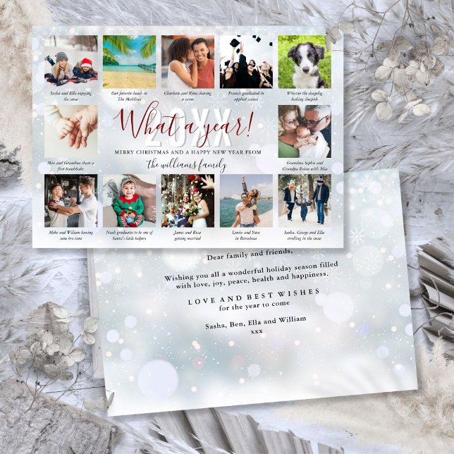 Vad ett år ger 12 Photo Collage Snöflingor Julkort (What A Year Captions 12 Photo Collage Snowflakes Holiday Card)