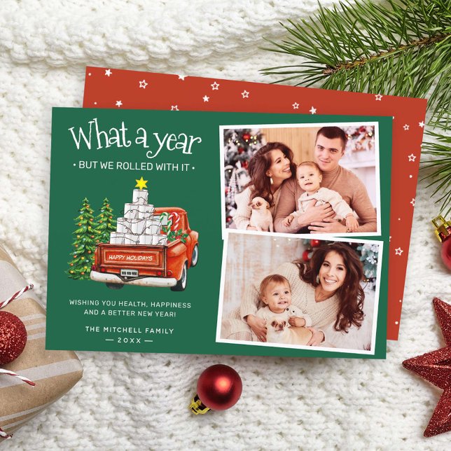 Vad ett års Red Lastbil Julgran 2-foto Julkort (Skapare uppladdad)