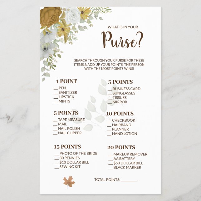 Vad finns i din handväska Boho Höst Bröllopsdusch  Flygblad (Framsidan)