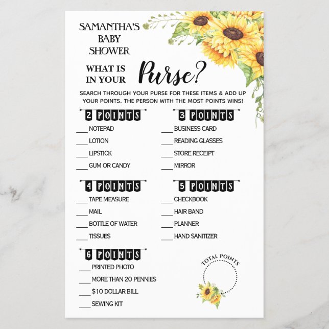 Vad finns i din handväska dusch tvåspråkig spelkor flygblad (Framsidan)