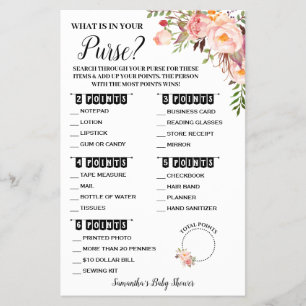 Vad finns i din handväska Rosa Baby Shower Spelkor Flygblad