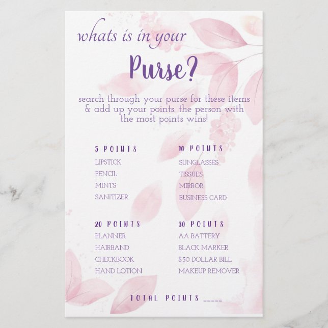 Vad finns i din Purse? Spelkort Flygblad (Framsidan)