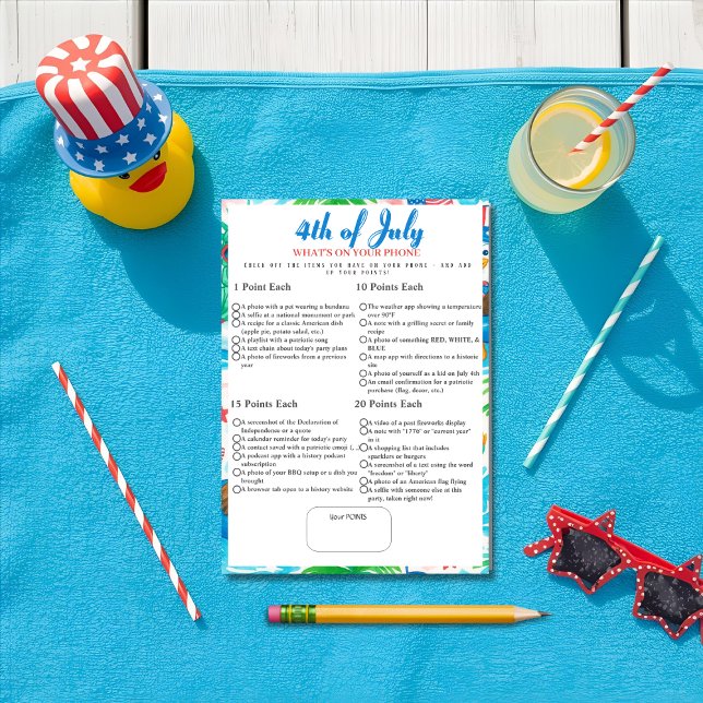 Vad finns i din telefon? 4 juli-spelkort inbjudningar (What’s in Your Phone? 4th of July Game pool card)