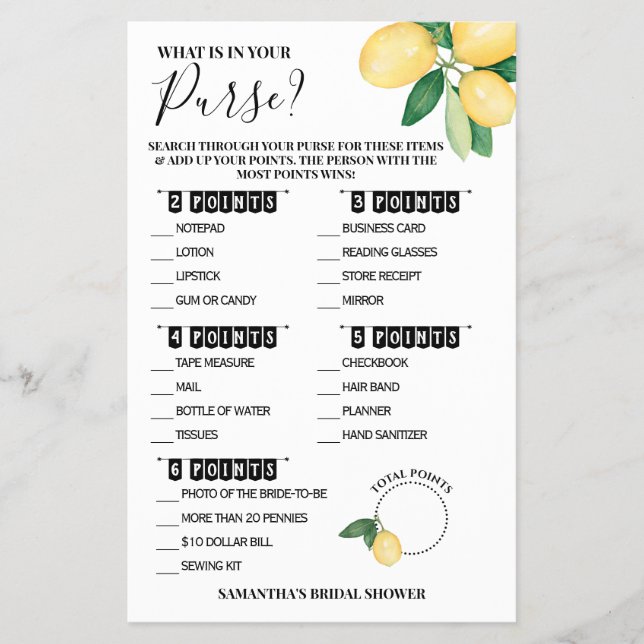 Vad finns i ditt Purpose Lemons Shower Game Card? Flygblad (Framsidan)