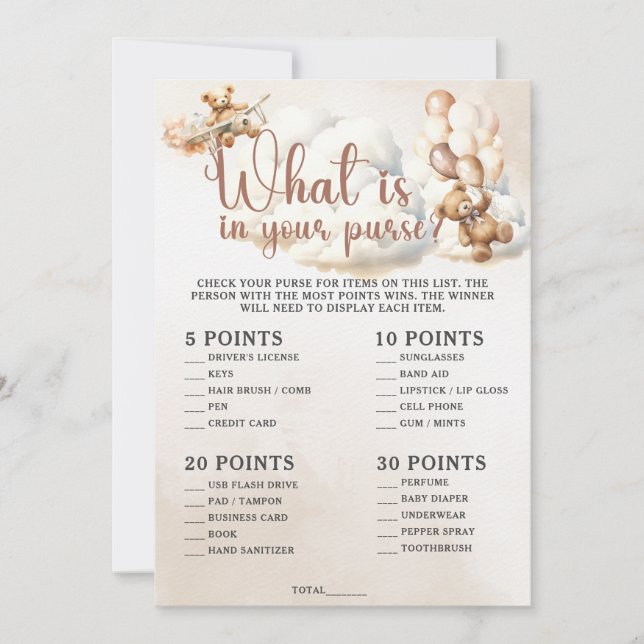 VAD FINNS I DITT PURSE Baby Shower Game Cute Bear? Inbjudningar (Framsida)