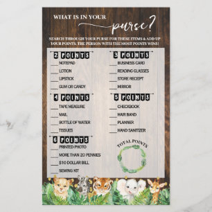 Vad finns i ditt Purse Safari Baby Shower-spel? Flygblad