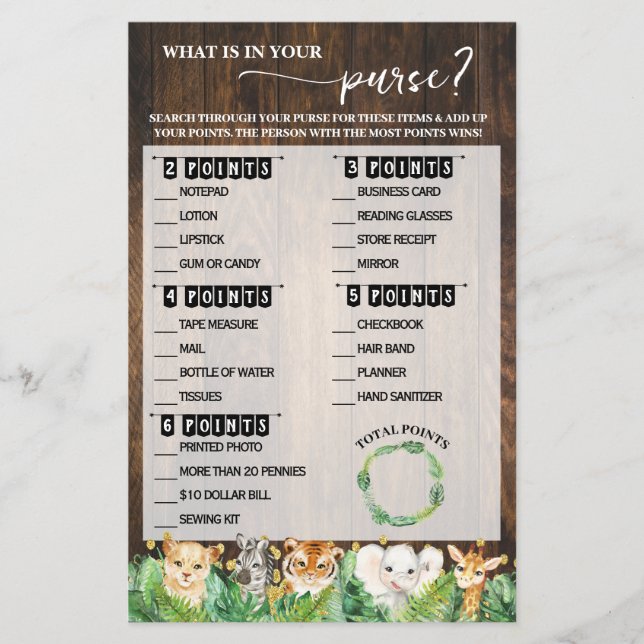 Vad finns i ditt Purse Safari Baby Shower-spel? Flygblad (Framsidan)
