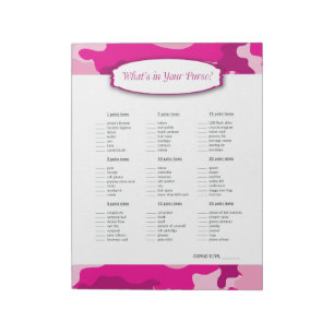 Vad finns i ditt Rosa Camo Baby Shower-spel? Anteckningsblock