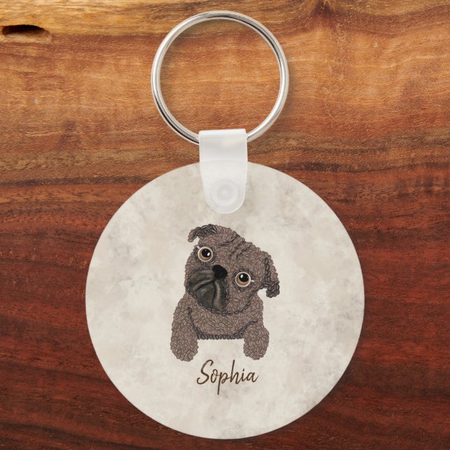 Vad finns i en Pugaccino-Cute Hund-Pug- Nyckelring (Baksida)